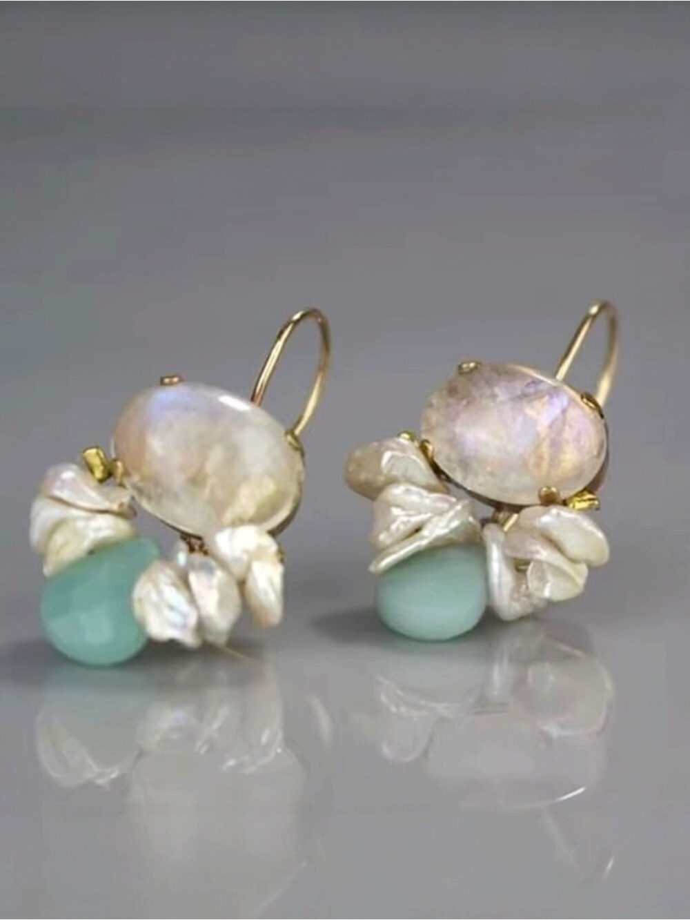 New Vintage Bee Hook Earrings Opal Keshi Pearls Amazonite 14K Gold Plated Fairy